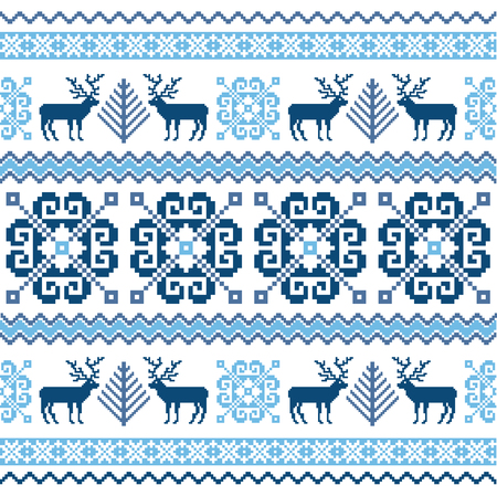 Knitted winter sweater background. Seamless pattern with deer, Christmas tree and traditional nordic ornamentのイラスト素材