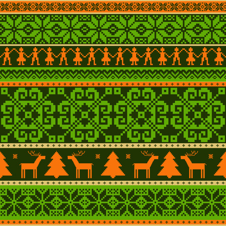 Green knitted striped ornamental seamless pattern. Deer, Christmas tree and snowflakeのイラスト素材