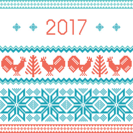 New year 2017 knitted background with rooster and Christmas treeのイラスト素材