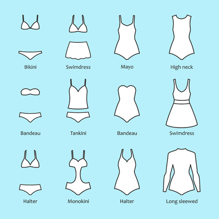 Swimsuits for women, different styles of female swimwear, isolated vector setのイラスト素材