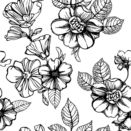 Black and white flowers seamless patternのイラスト素材