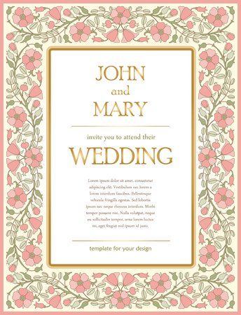 Vintage floral wedding invitation card template with pink wild rosesのイラスト素材
