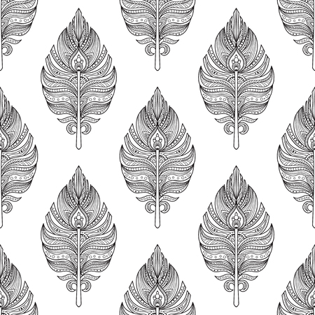 Decorative feathers vector seamless pattern in black and whiteのイラスト素材