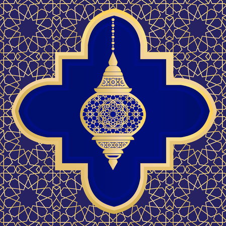 Ornate background with traditional arabic lantern. Ramadan Kareem greeting card template in blue and goldのイラスト素材