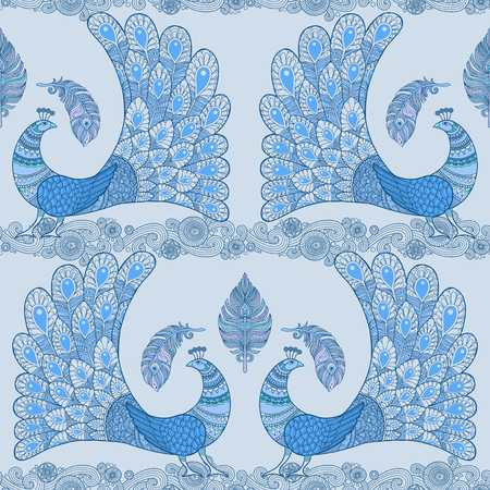 Decorative peacocks and feathers in blue seamless patternのイラスト素材