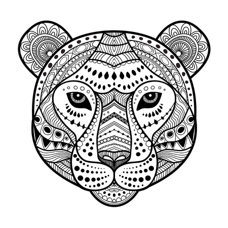 Tiger head zen art style illustration, print in black and white. Adult coloring pageのイラスト素材