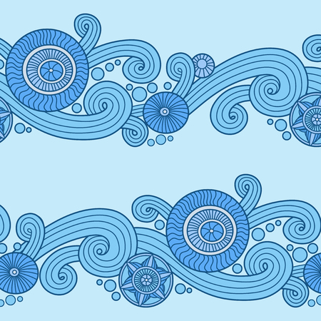 Doodle floral wave seamless pattern in blueのイラスト素材