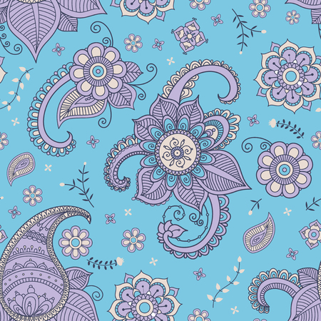 Blue paisley and flowers vector seamless patternのイラスト素材