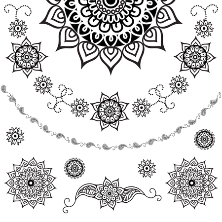 Set of decorative flowers and paisley in black and whiteのイラスト素材