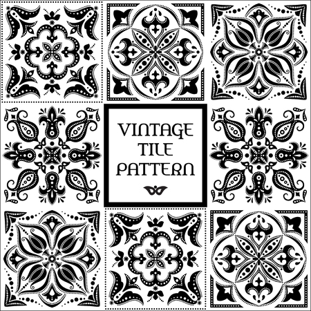 Vintage tile pattern, ornamental frame in black and whiteのイラスト素材