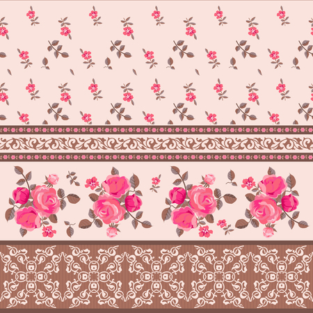 Floral seamless pattern. Pink roses and ornamental bordersのイラスト素材