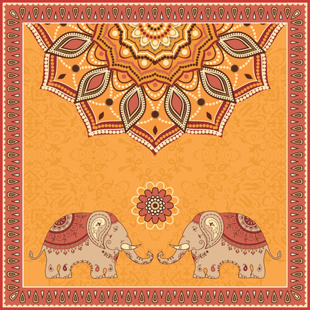 Indian style design with elephants and mandalaのイラスト素材