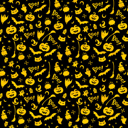 Traditional Halloween seamless pattern in black and orangeのイラスト素材