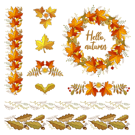 Set of autumn floral elements and editable brush. Oak and maple leaves and herbs. Template for your fall designのイラスト素材