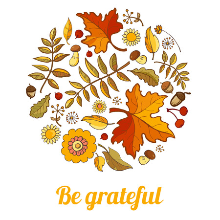 Be grateful Thanksgiving greeting card template. Circle made of autumnal foral elements at white backgroundのイラスト素材