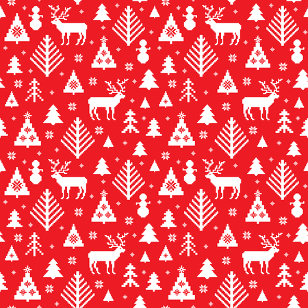 Tradition knitted motives. Winter forest, trees, deers, snowman in red and white. Christmas  and New Year seamless backgroundのイラスト素材