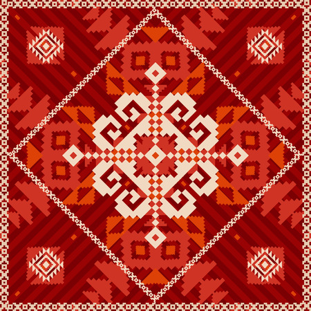 Abstract design in ethnic style. Stylized snowflake and red geometric backgroundのイラスト素材