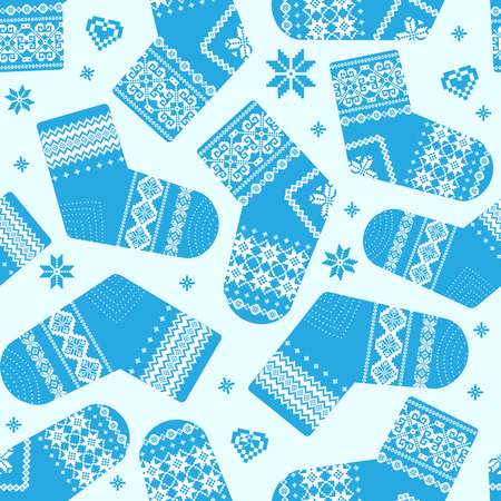 Warm knitted winter socks. Christmas background, traditional nordic motives. Seamless patternのイラスト素材
