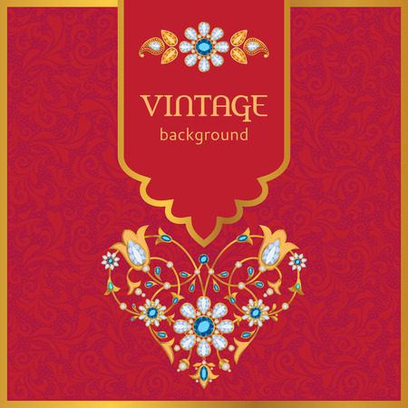 Ornate vintage background, template for design of Valentine's day greeting card or wedding invitation in gold and redのイラスト素材