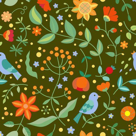 Seamless floral pattern, flowers and birdsのイラスト素材