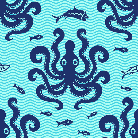 Octopus and fishes sea seamless patternのイラスト素材