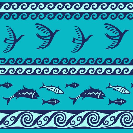 Birds and Fishes sea seamless pattern, ancient Greek styleのイラスト素材