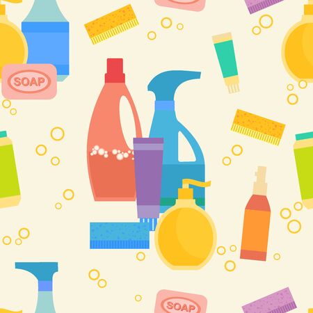 Bottles of household chemicals supplies cleaning, seamless patternのイラスト素材