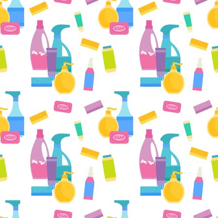 Bottles of household chemicals supplies cleaning, seamless patternのイラスト素材