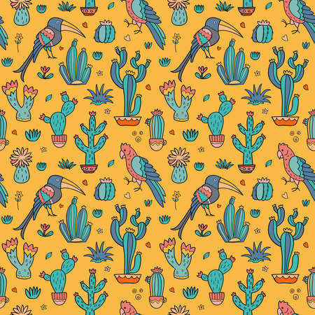 Cacti and birds seamless patternのイラスト素材