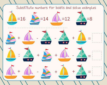 Math game for children substitute numbers instead of boats, solve an example and write down the answerのイラスト素材