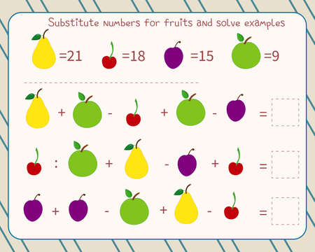 Math game for children: substitute numbers for fruits, solve an example and write down the answerのイラスト素材