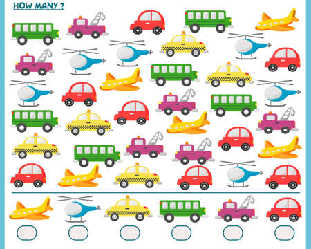 Math game for children. Calculate the transport. Worksheet. Fixing an account. Vector illustrationのイラスト素材