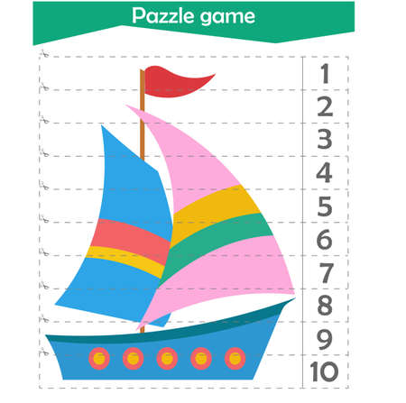 Math puzzle for children. We cut and play. We count to 10. Ship. Vector illustrationのイラスト素材