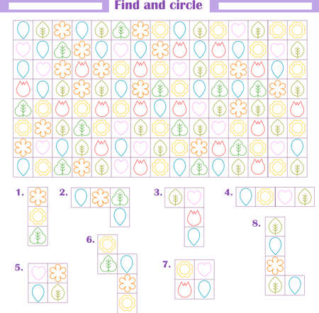Logic game for children. Development of attention, thinking. Find and circle the fragments shown below. Vector illustrationのイラスト素材