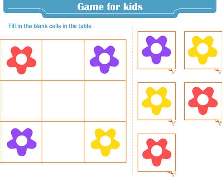 Logic game for children. Fill in the blank cells in the table so that in each row and column the element appears only once. Vector illustrationのイラスト素材