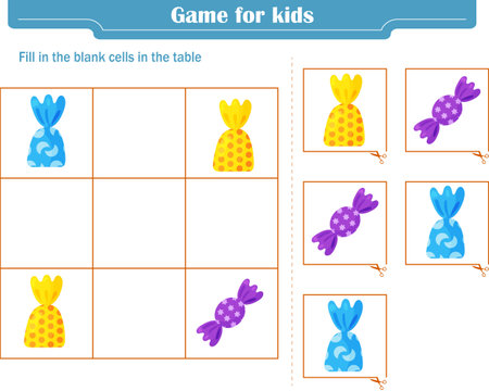 Logic game for children. Fill in the blank cells in the table so that in each row and column the element appears only once. Vector illustrationのイラスト素材