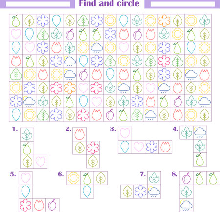 Logic game for children. Development of attention, thinking. Find and circle the fragments shown belowのイラスト素材