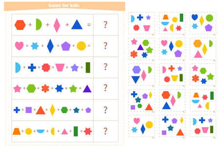 Logic game for children. Find the correct answer card for each example. Development of attention, memory, thinking. Vector illustrationのイラスト素材