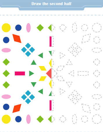 Educational game for children. Circle and color the second part of the shapes. Vector illustrationのイラスト素材