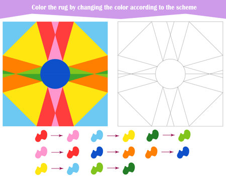 Game for the development of logical thinking. Color the rug by changing the color according to the sample. Vector illustrationのイラスト素材