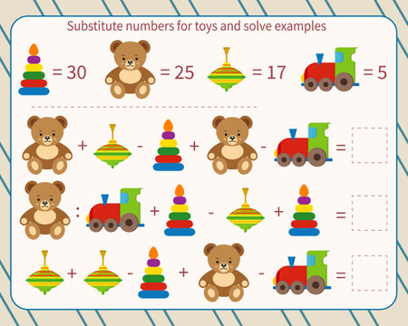 Math game for children. Replace toys with numbers and solve examples. Vector illustrationのイラスト素材