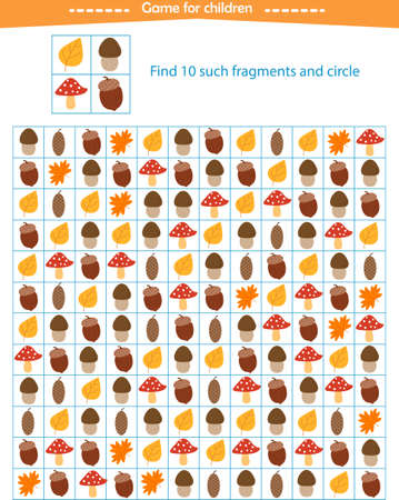 Logic game for children. Find 10 fragments in the table, the same as in the sample. Vector illustrationのイラスト素材