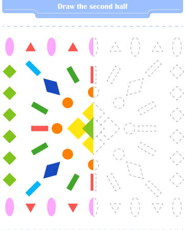Educational game for children. Circle and color the second part of the shapes. Vector illustrationのイラスト素材