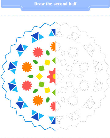 Educational game for children. Circle and color the second part of the shapes. Vector illustrationのイラスト素材