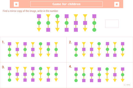 Logic puzzle game for children. Select and write down the number of the correct mirror image of the figure.のイラスト素材