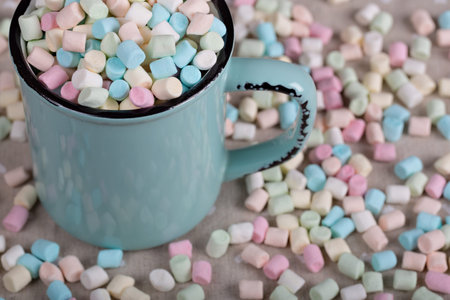 background or texture of pink, blu and white mini marshmallows, cupの写真素材