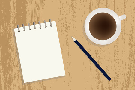 A cup of coffee, notebook and pencil on a table, vector illustrationのイラスト素材