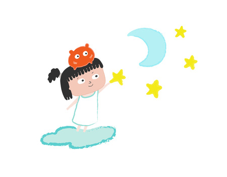 Little girl and creature in the stars, children illustrationのイラスト素材