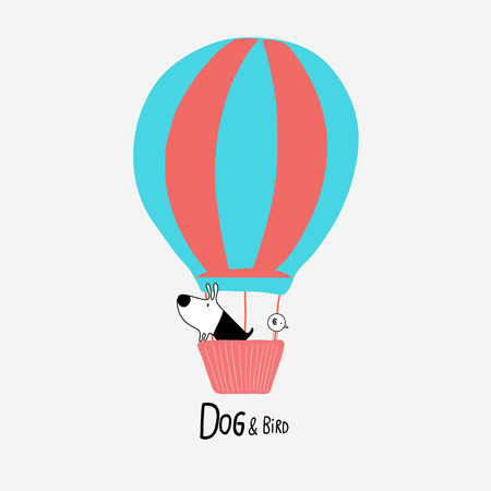 Dog & Bird in a Hot Air Balloon, vector illustrationのイラスト素材