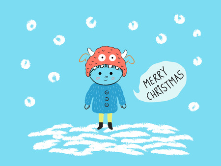 Merry Christmas card, Boy with a monster hat in the snow, illustrationのイラスト素材